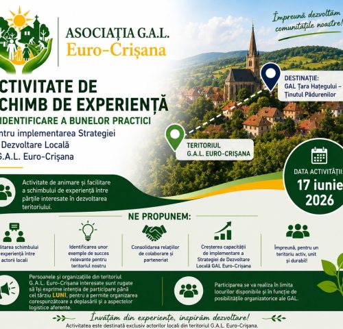 ACTIVITATE DE SCHIMB DE EXPERIENȚĂ ȘI IDENTIFICARE A BUNELOR PRACTICI PENTRU DEZVOLTAREA TERITORIULUI G.A.L. EURO-CRIȘANA