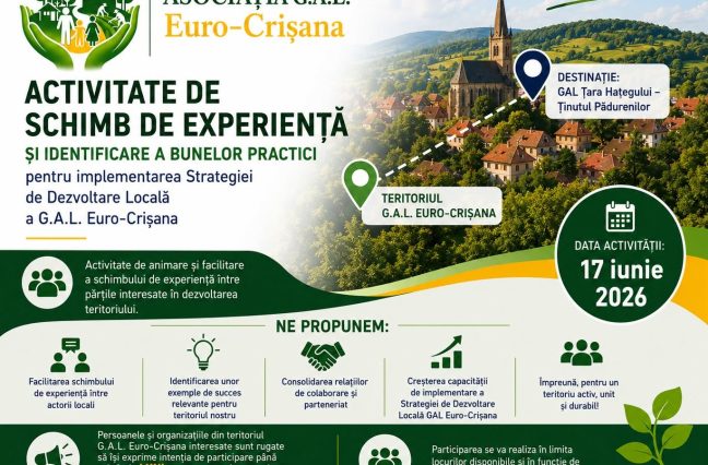 ACTIVITATE DE SCHIMB DE EXPERIENȚĂ ȘI IDENTIFICARE A BUNELOR PRACTICI PENTRU DEZVOLTAREA TERITORIULUI G.A.L. EURO-CRIȘANA