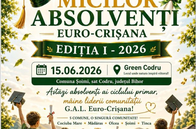 GALA MICILOR ABSOLVENȚI G.A.L. EURO-CRIȘANA Ediția I – 2026 Eveniment special pentru copii, organizat în vederea promovării teritoriului G.A.L. Euro-Crișana, dedicat copiilor din comunitățile teritoriului și celebrării unui moment important din parcursul lor educațional